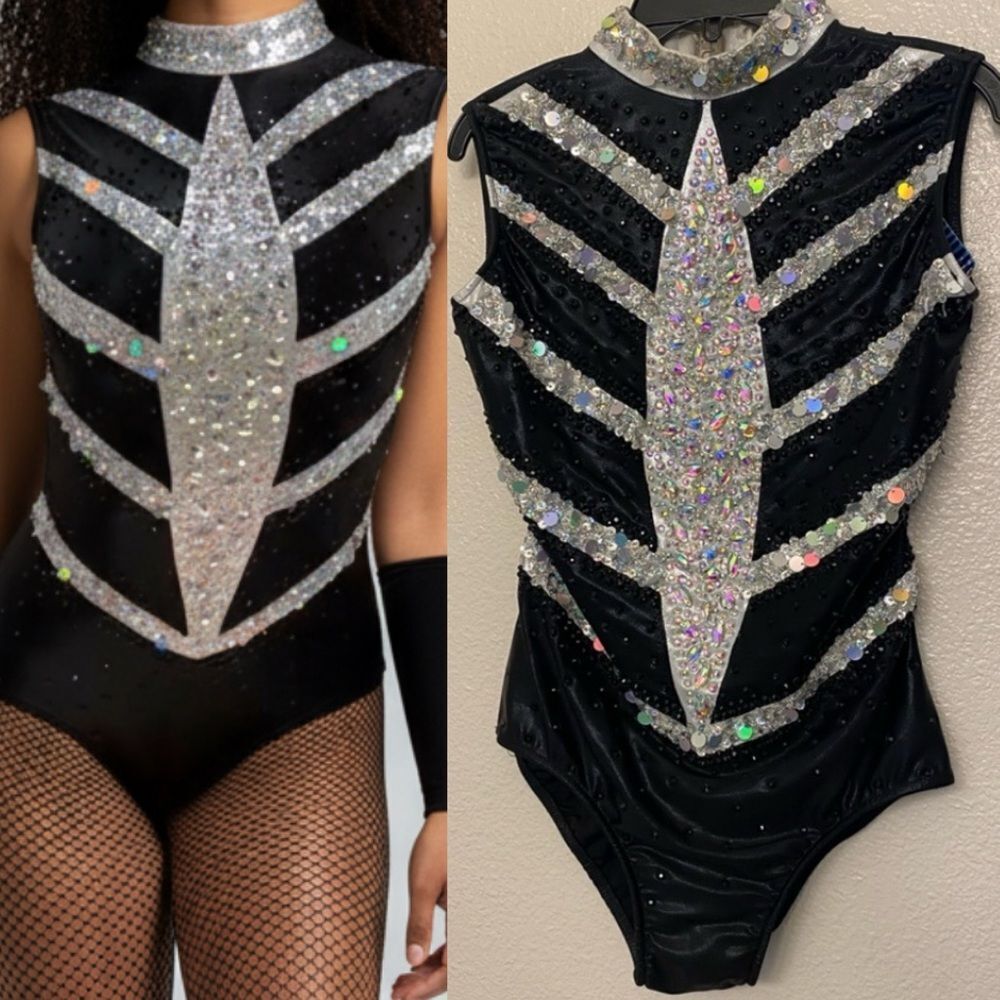 Glamour solo dance costume black white embellished bling bedazzled MA adult